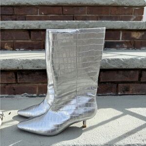 Kenneth Cole New York Metallic Silver Croc-Embossed Mid-Calf Boots